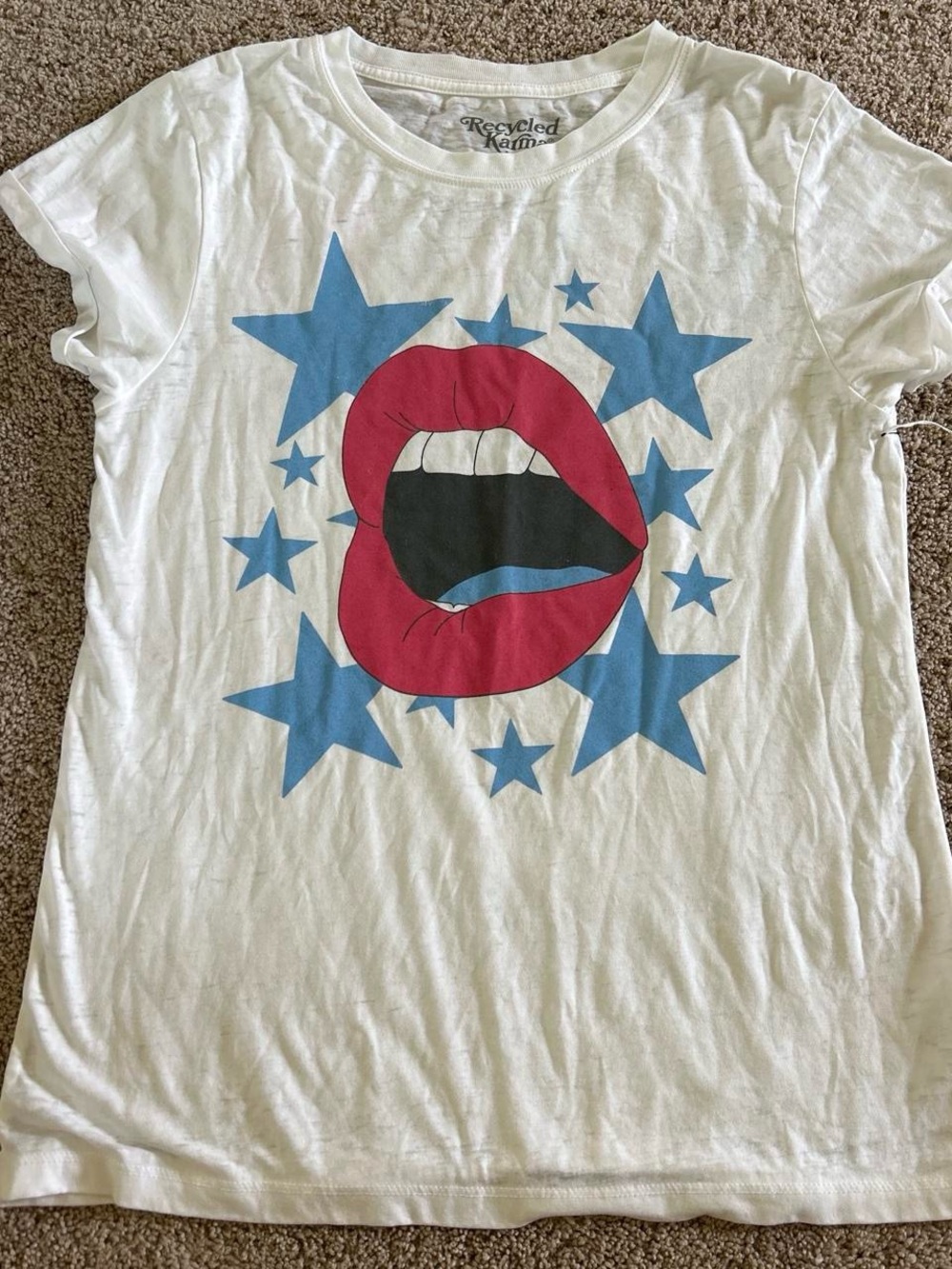 Recycled Karma White Tee with Pink Lips and Blue Stars